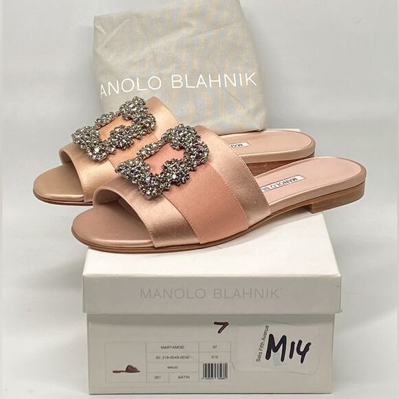 Manolo Blahnik Beige Satin Jewel Buckled Flat Sandals size 37 - Picture 13 of 15